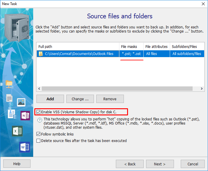 Configure shadow copy to back up open files