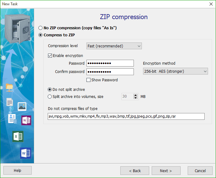 ZIP, 7-Zip archiving, encryption, splitting archive into volumes