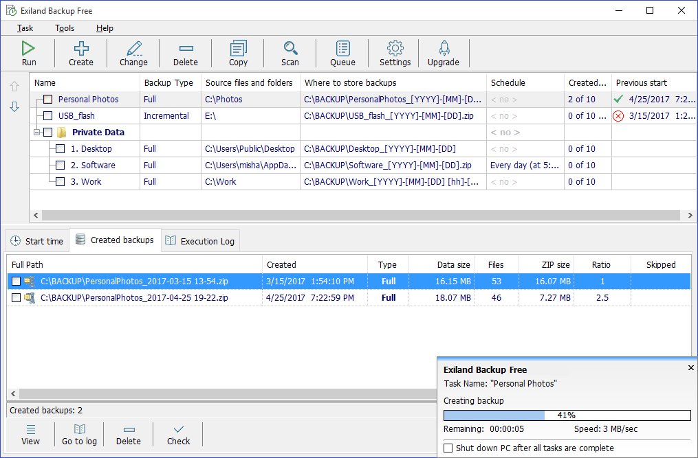 Exiland Backup Free is a free file backup and sync utility